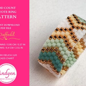 Könnte beinhalten: Ein Perlenring-Muster in einer PDF-Datei, genannt "Daffodil", für einen ungeraden Peyote-Stich-Ring. Der Ring ist 0,95 cm (0,37 Zoll) breit und 6,4 cm (2,51 Zoll) im Umfang. Das Muster verwendet Miyuki Delica 11/0 Perlen und wurde von Andyen Bead Jewelry entworfen.