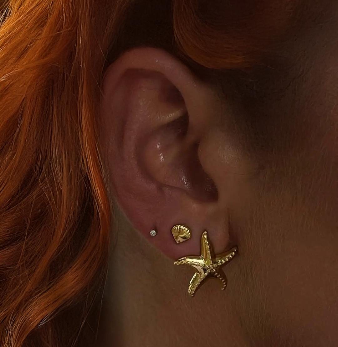 18k Gold Vintage Chunky Starfish Earrings Set, Beach Earrings, Statement Earrings, Gift for Her, Bridesmaid Gift, Valentines Gift