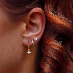 18k Gold CZ Flower Drop Earrings Set, 3 pcs Hoop Set, Hoop Earrings, Trendy Earrings, Gift for Her, Christmas Gift, wedding Gift