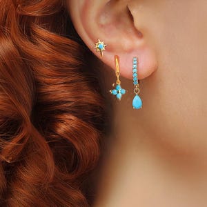 Blue Water Drop Earrings Sets, Huggie Earrings, Blue Star Piercings, Piercing Jewelry, Earrings - Gift for her, Birthday Gift