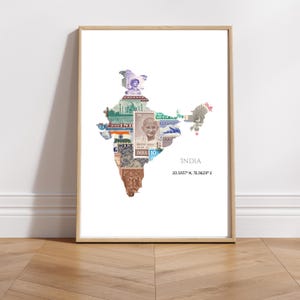Carte vintage de l'Inde | Timbres indiens rétro | Carte de l'Inde | Art indien | Décoration d'intérieur indienne | Cadeau indien | Impression indienne | Affiche d'art indien