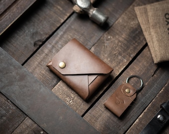 Cartera de cuero marrón unifold / Tarjetero de cuero hecho a mano / Cartera de cuero auténtico para hombre con llavero a juego de cortesía