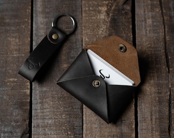 Black Leather Card Pouch | Handmade Minimal Unisex Leather Wallet Coin Pouch | Real Leather Card Holder with Complimentary Matching Keychain