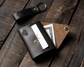 Black Quickfold Leather Wallet | Minimal Handmade Leather Wallet |  Slim Business Leather Card Holder with Complimentary Matching Keychain