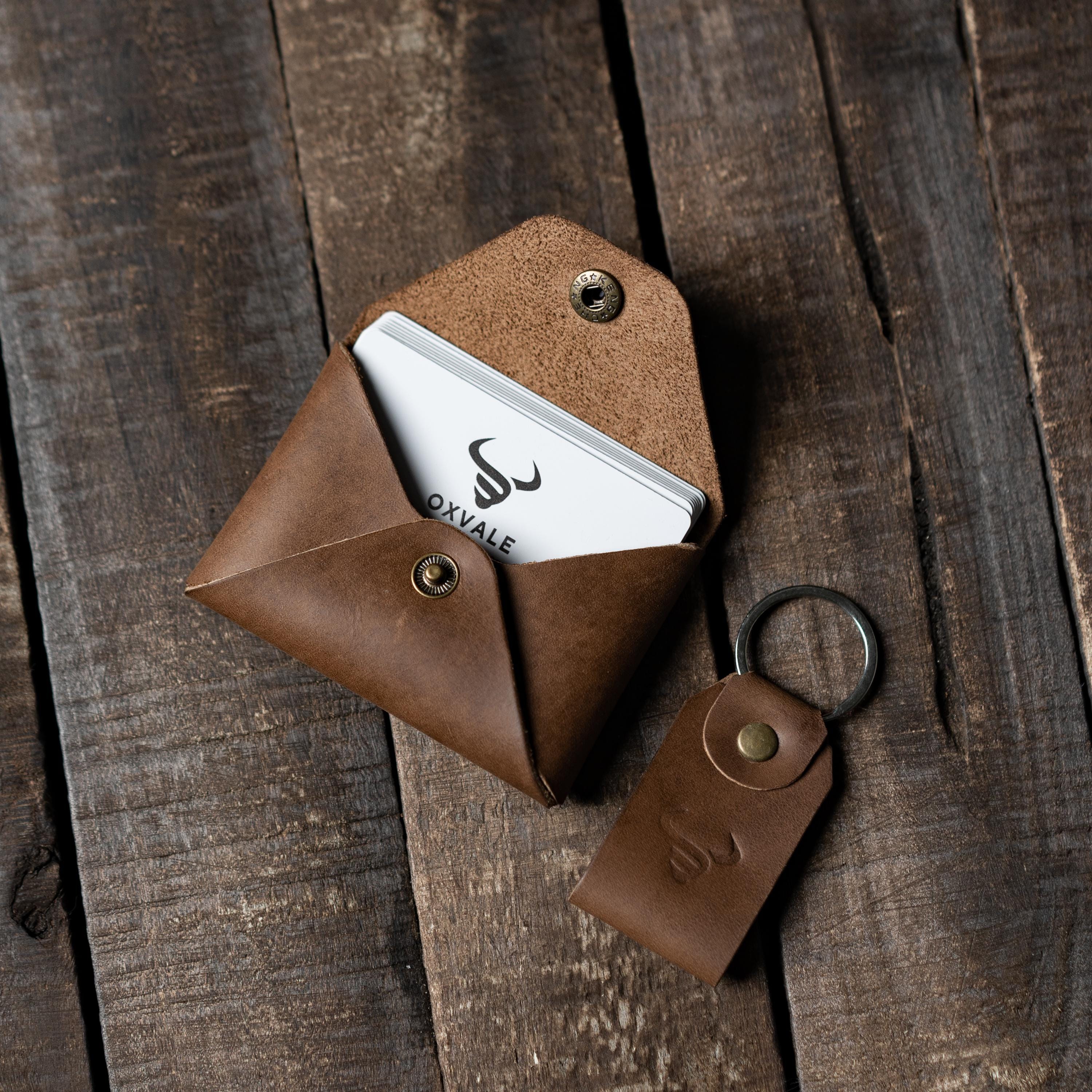 Brown Leather Card Pouch | Handmade Minimal Unisex Leather Wallet Coin Pouch | Real Leather Card Holder with Complimentary Matching Keychain