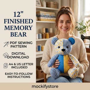 May include: A 30 cm finished memory bear sewing pattern featuring a digital download for A4 and US letter sizes. The bear is constructed from patchwork fabric in blue gingham, yellow floral, and solid blue and yellow panels with black eyes.