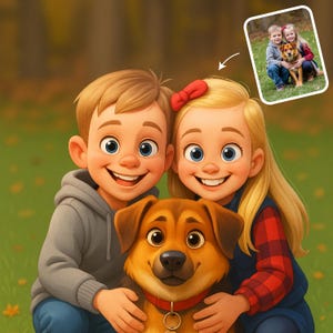 Può includere: Illustrazione di cartoni animati di due bambini sorridenti che abbracciano un cane marrone con un collare rosso. I bambini indossano una felpa con cappuccio grigia, jeans blu e un fiocco rosso. Un'immagine più piccola dei bambini e del cane si trova nell'angolo in alto a destra.
