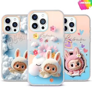 Iridescent Custom Phone Case – Kawaii Fluffy Cartoon Art Case + Free Matching Wallpaper – Personalized Gift for Labubu Fans & Collectors