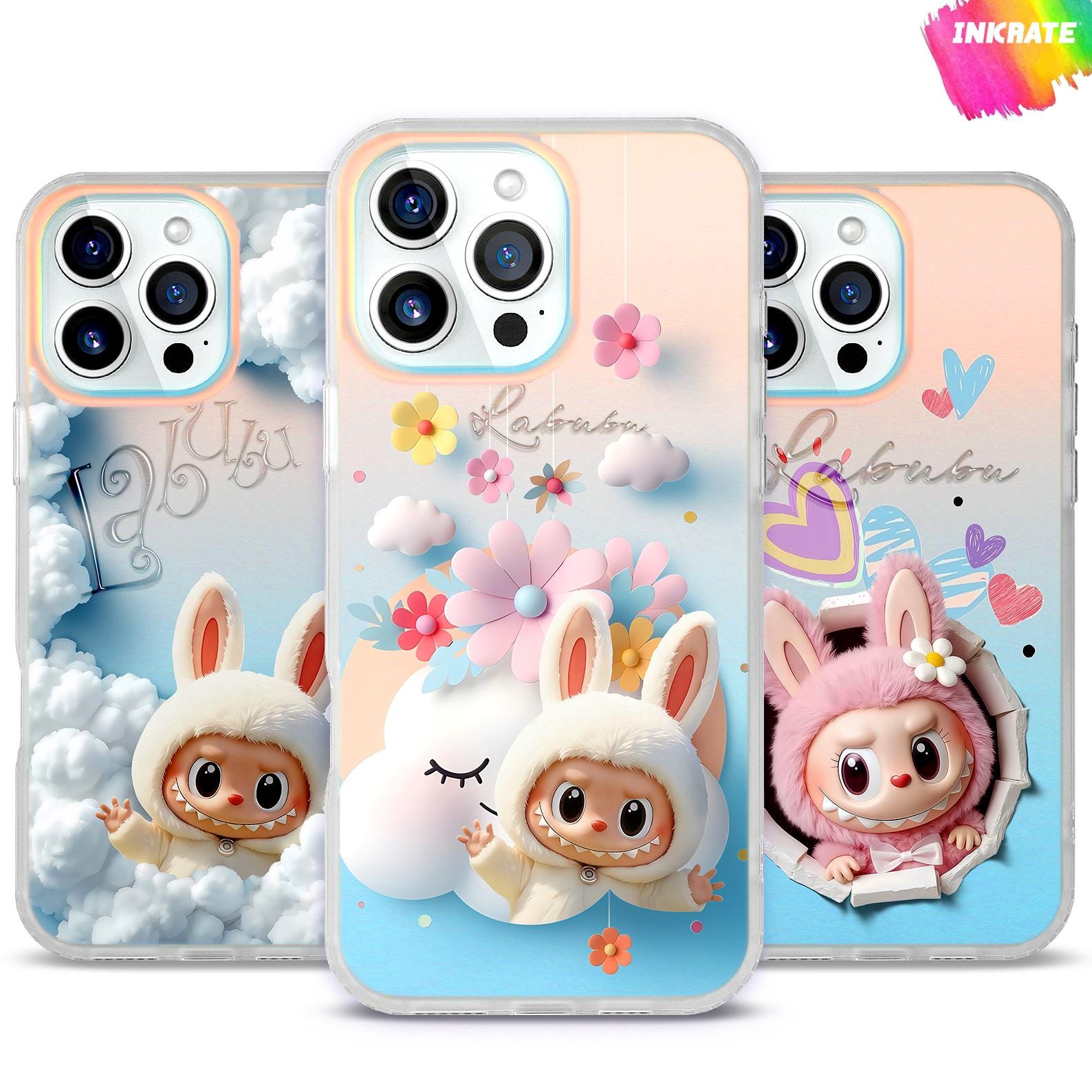 Iridescent Custom Phone Case – Kawaii Fluffy Cartoon Art Case + Free Matching Wallpaper – Personalized Gift for Labubu Fans & Collectors