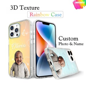 Coque arc-en-ciel personnalisée, coque de téléphone personnalisée avec photo pour bébé, nom texturé en cristal 3D, motif coeur, cadeau pour les nouvelles mamans, souvenir de bébé