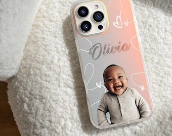 Custom gift for new mom Personalized Baby picture Phone Case with Crystal 3D Textured Name – Heart Design New Mom gift for Baby Keepsake
