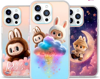 Iridescent Labubu Phone Case – Kawaii Fluffy Cartoon Art Case + Free Matching Wallpaper – Personalized Gift for Labubu Fans & Collectors