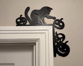 Spooky Black Cat & Pumpkin Halloween Door Topper | 3D Printed Corner Decor