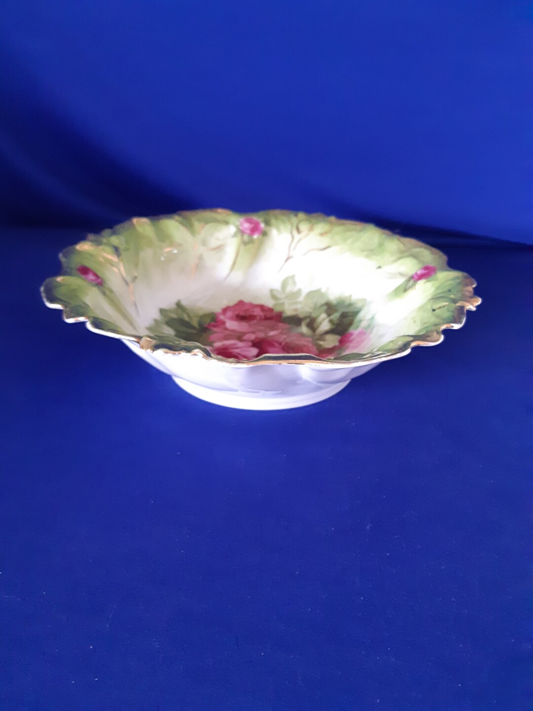 Antique P S Germany Rose Floral Deep Scalloped Porcelain Bowl With Gold