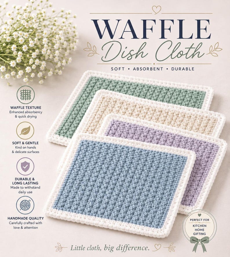 May include: A set of four rectangular waffle dish cloths in sage green, beige, lavender, and light blue, each featuring a white crocheted border. The text reads WAFFLE Dish Cloth, SOFT ABSORBENT DURABLE, and Little cloth, big difference.