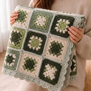 Sage & Forest Baby Blanket Crochet Pattern, Gingham Granny Square Blanket (PDF Download)