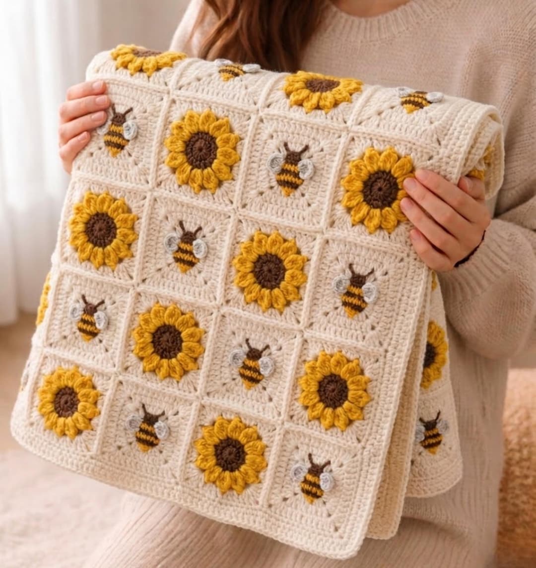 Sunflower & Bee Square Blanket, Crochet Granny Square Pattern (New Updated Pattern)