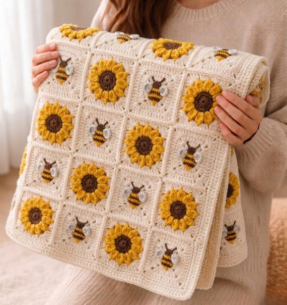 Sunflower & Bee Square Blanket, Crochet Granny Square Pattern (New Updated Pattern)