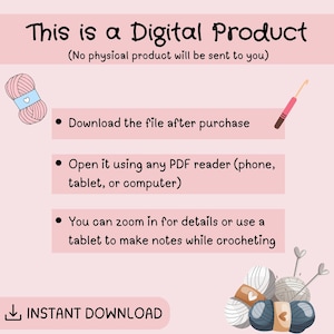 May include: A digital product information graphic with a light pink background. Text reads: This is a Digital Product, No physical product will be sent to you, Download the file after purchase, Open it using any PDF reader, and INSTANT DOWNLOAD.