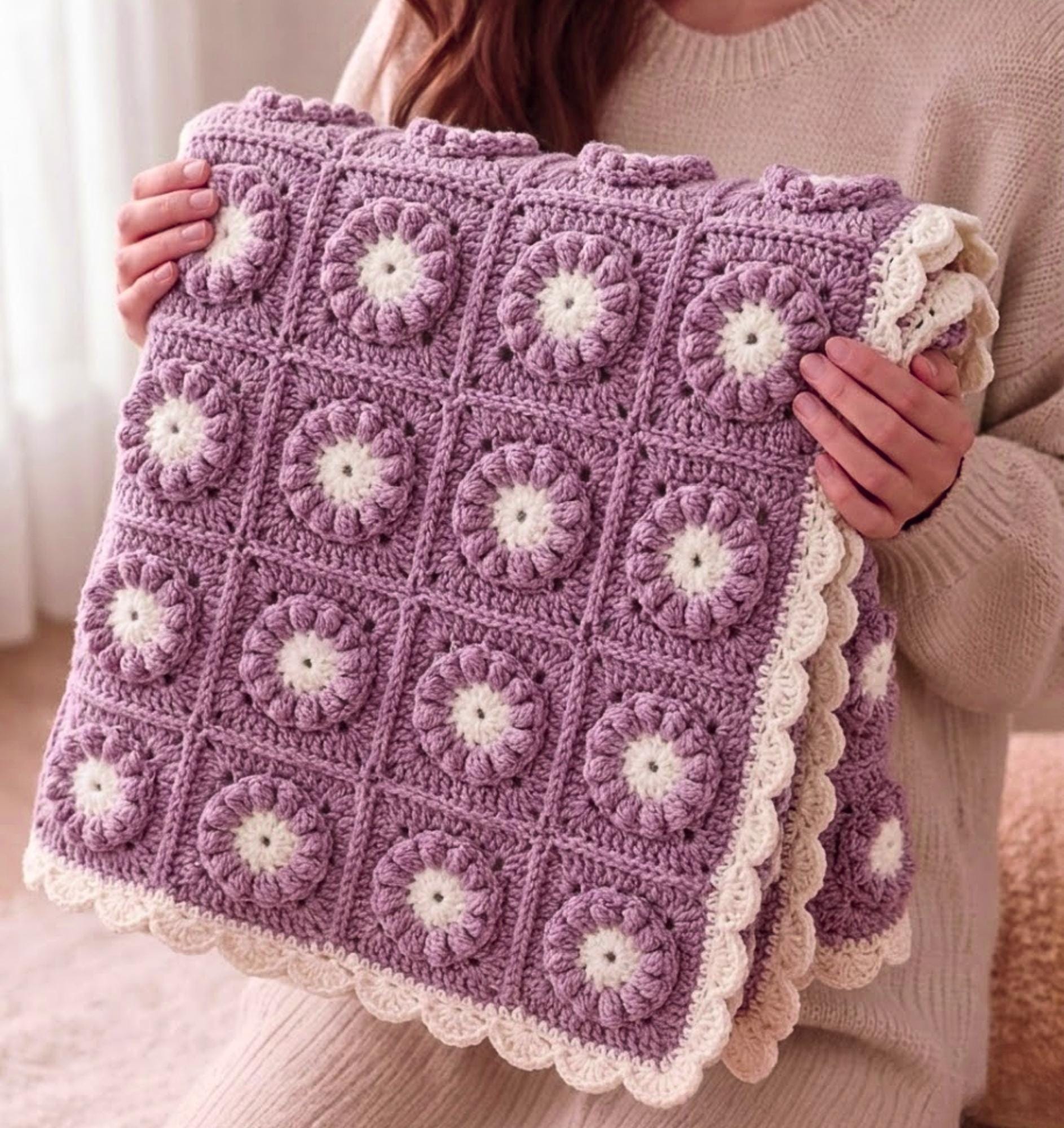 Puff Flower Granny Square Blanket
