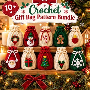 Puede incluir: Una colección de diez bolsas de regalo de ganchillo con diseños navideños que incluyen un muñeco de nieve, Santa Claus, un hombre de jengibre, árbol de Navidad, corona, bastón de caramelo y copo de nieve. Bolsas crema, rojas y verdes.
