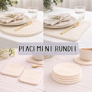 May include: A selection of cream-coloured, hand-woven placemats and coasters. The image shows round and square placemats, along with matching coasters. The text "PLACEMENT BUNDLE" is displayed on a white background. The placemats and coasters are arranged on a white tablecloth.