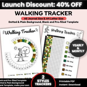Afdrukbare wandeltracker, jaarlijkse stappentracker, fitnesstracker, gezondheidstracker, fitnessdoel, stappendoel, gezondheidslogboek, workouttracker, fitnesstracker