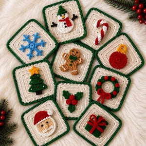 May include: A set of nine square crochet coasters with cream centers and dark green borders. Each coaster features a unique Christmas-themed appliqué, including a snowman, candy cane, snowflake, gingerbread man, ornament, tree, wreath, holly, Santa, and gift.