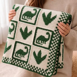 Può includere: Una coperta all'uncinetto quadrata caratterizzata da una griglia di quadrati alternati con sagome di dinosauri verde scuro e impronte di dinosauri verde scuro su sfondo color crema, rifinita con un bordo a scacchi verde scuro e crema.