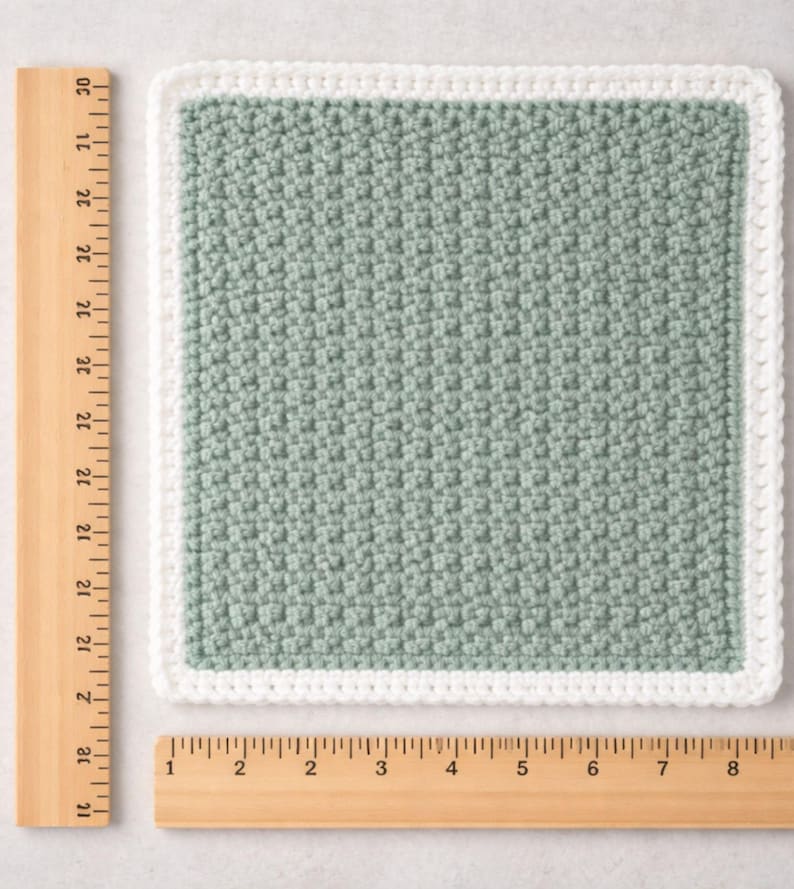 May include: A square crochet washcloth featuring a sage green center with a textured stitch pattern and a solid white border. The washcloth is positioned next to wooden rulers, showing it measures approximately 8 inches in width and height.