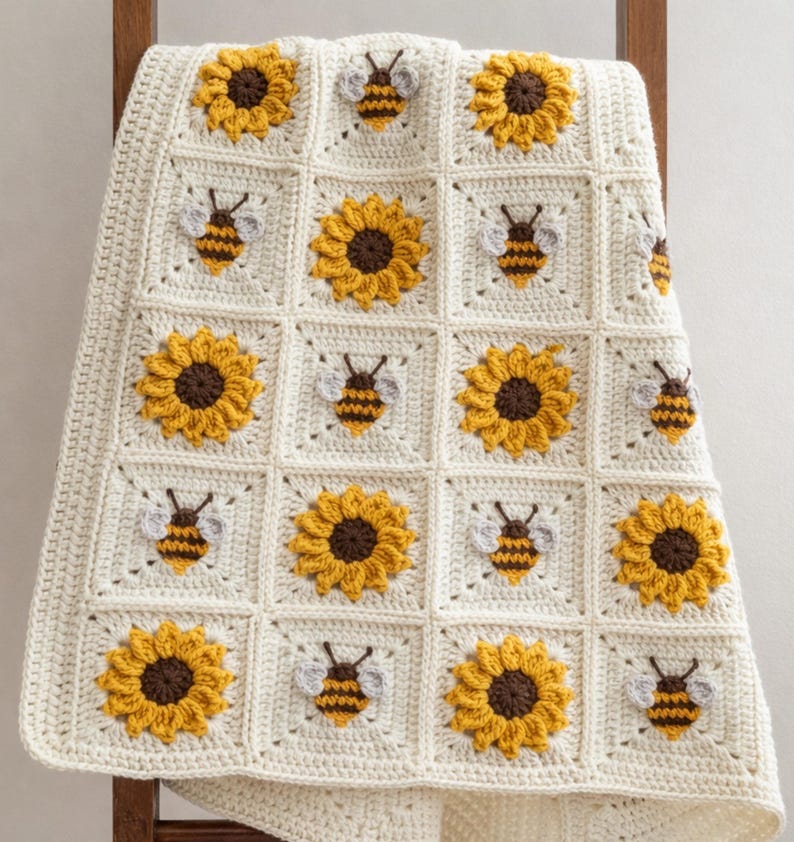 May include: A handmade crochet blanket featuring a repeating grid pattern of off-white squares. Each square contains either a textured, three-dimensional yellow sunflower with a dark brown center or a small bee with yellow and black stripes.