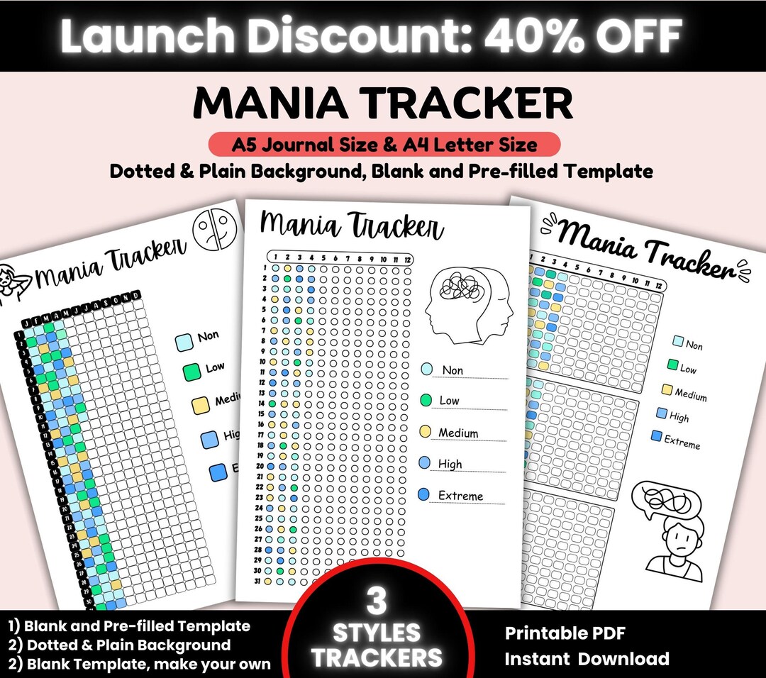 Mania Tracker Printable, Stress Tracker, Health Tracker, Manic Tracker ...