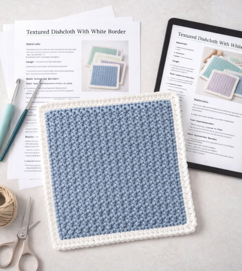 May include: A square crochet dishcloth with a textured blue center and a white border, placed on top of printed instruction sheets titled Textured Dishcloth With White Border, alongside two crochet hooks, a ball of yarn, and metal scissors.
