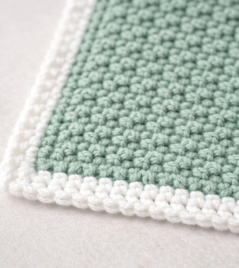 May include: A square crochet textile featuring a sage green center with a textured moss stitch pattern. The piece is finished with a clean, white crocheted border that frames the edges, creating a distinct contrast between the two colors.