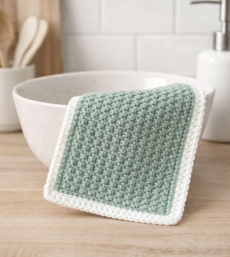 May include: A square crochet washcloth featuring a textured sage green center panel and a solid white border. The fabric displays a consistent, dense stitch pattern throughout the main body, framed by a clean, simple white edge finish.