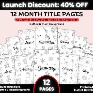 12 Month Planner Cover Pages Bundle Printable, Pre-Made Monthly Dashboard, Monthly Title pages coloring journal, Bullet Journal Cover