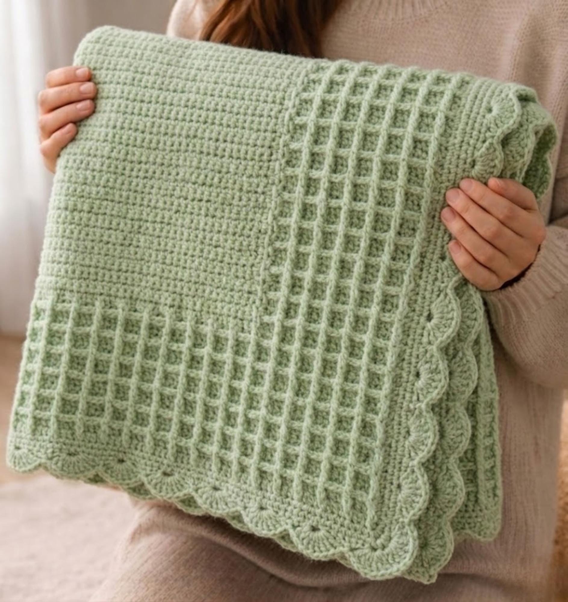 39 Crochet Borders with Lace, Scallops, Frames, and Table Runners 14 Waffle Stitch Baby Blanket with Scalloped Border
