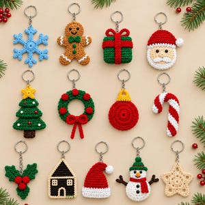 May include: A collection of twelve crocheted Christmas keychains featuring various holiday designs including a blue snowflake, gingerbread person, green gift, Santa face, Christmas tree, wreath, red ornament, candy cane, holly, house, hat, snowman, and star.