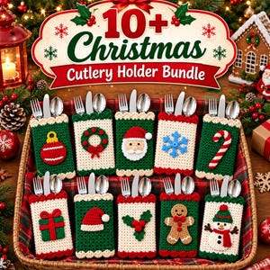 May include: A bundle of ten rectangular crochet cutlery holders in green and cream, each featuring a unique Christmas-themed applique including a Santa, snowman, gingerbread man, wreath, and candy cane, holding a silver fork, knife, and spoon.