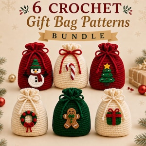 Christmas Gift Bag Crochet Pattern Bundle, Festive Designs PDF, Amigurumi Drawstring Sack (Digital Download)