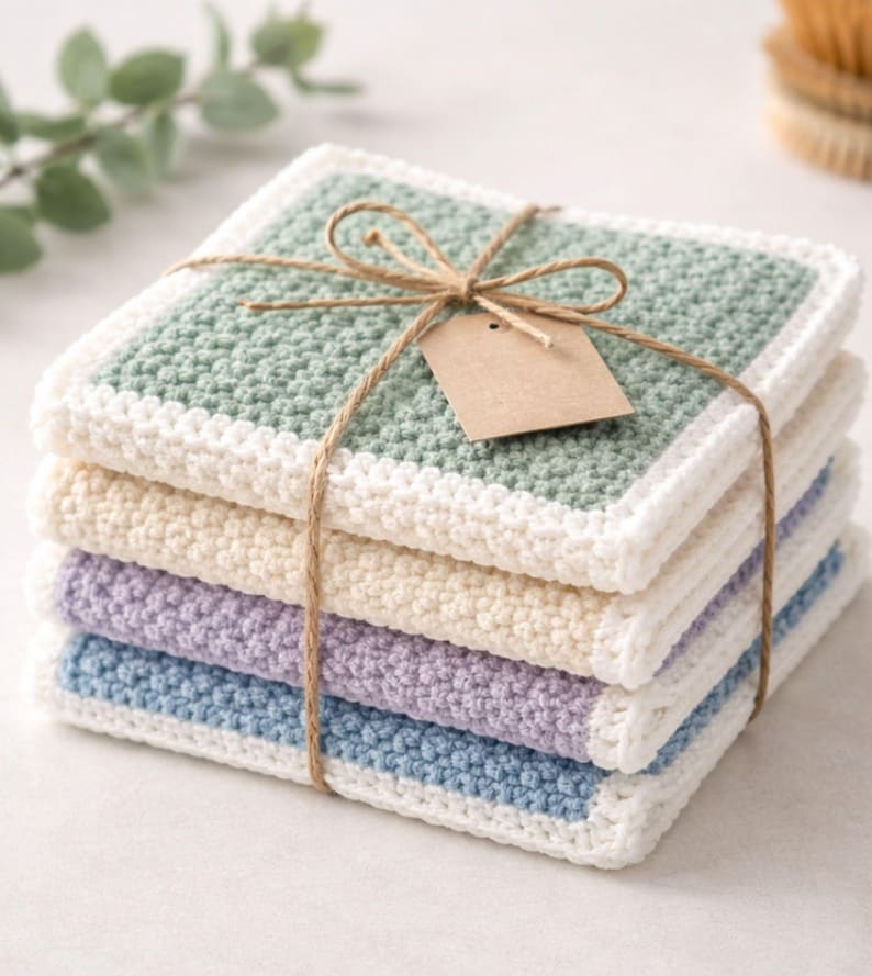 May include: A stack of four square crochet coasters tied together with brown twine and a blank rectangular kraft paper tag. Each coaster features a textured center in sage green, cream, lavender, or light blue, bordered by a white crocheted edge.