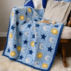 Granny Square Sun, Moon and Stars Blanket Pattern, Baby Blanket Crochet Pattern, Digital Download