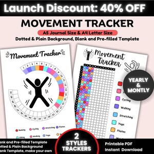 Movement Tracker Printable, Fitness Tracker, Exercise Tracker, Health Tracker, Workout Tracker, Workout Log, Fitness Planner