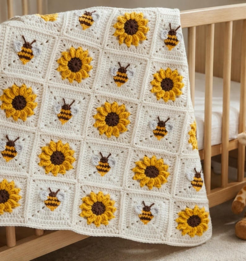 May include: A cream-colored crochet blanket featuring a repeating square pattern. Each square displays either a textured yellow sunflower with a dark brown center or a small bee with yellow and brown stripes and light gray wings.