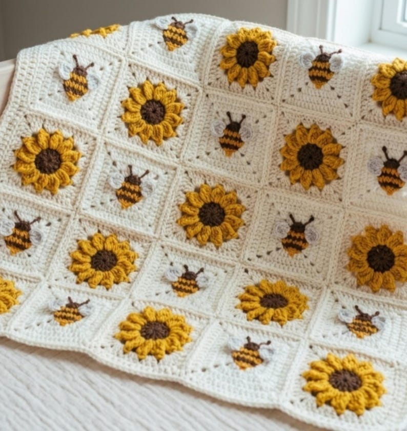 May include: A crochet blanket composed of square motifs featuring alternating patterns of yellow and brown sunflowers and small bees with white wings, all set against a cream-colored background, creating a repeating grid design throughout.