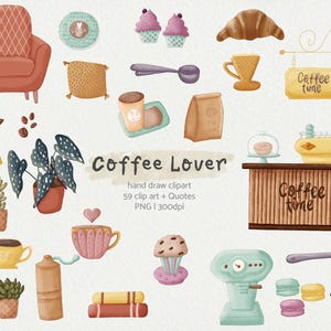 Pode incluir: Ilustração em aquarela com elementos relacionados ao café. Inclui um balcão de café, xícaras de café, uma cafeteira, doces, plantas e o texto "Coffee Lover". A imagem é uma coleção de clip art desenhados à mão.