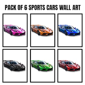Bundle of 6 Sports Car Wall Art | Race Car Poster | Sports Car Canvas | Car Wall Art Print | Sports Car Décor for Office or Garage