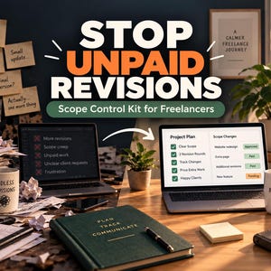 May include: A digital product titled Scope Control Kit for Freelancers featuring two laptops, a green planner with the text PLAN TRACK COMMUNICATE, and two white mugs labeled ENDLESS REVISIONS and CLEAR BOUNDARIES BETTER CLIENTS on a desk.