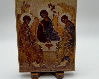 Vintage religious art | Holy Trinity Icon plaque | Orthodox Hospitality of Abraham