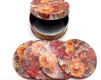 Vintage coaster | 4 floral coasters with tin